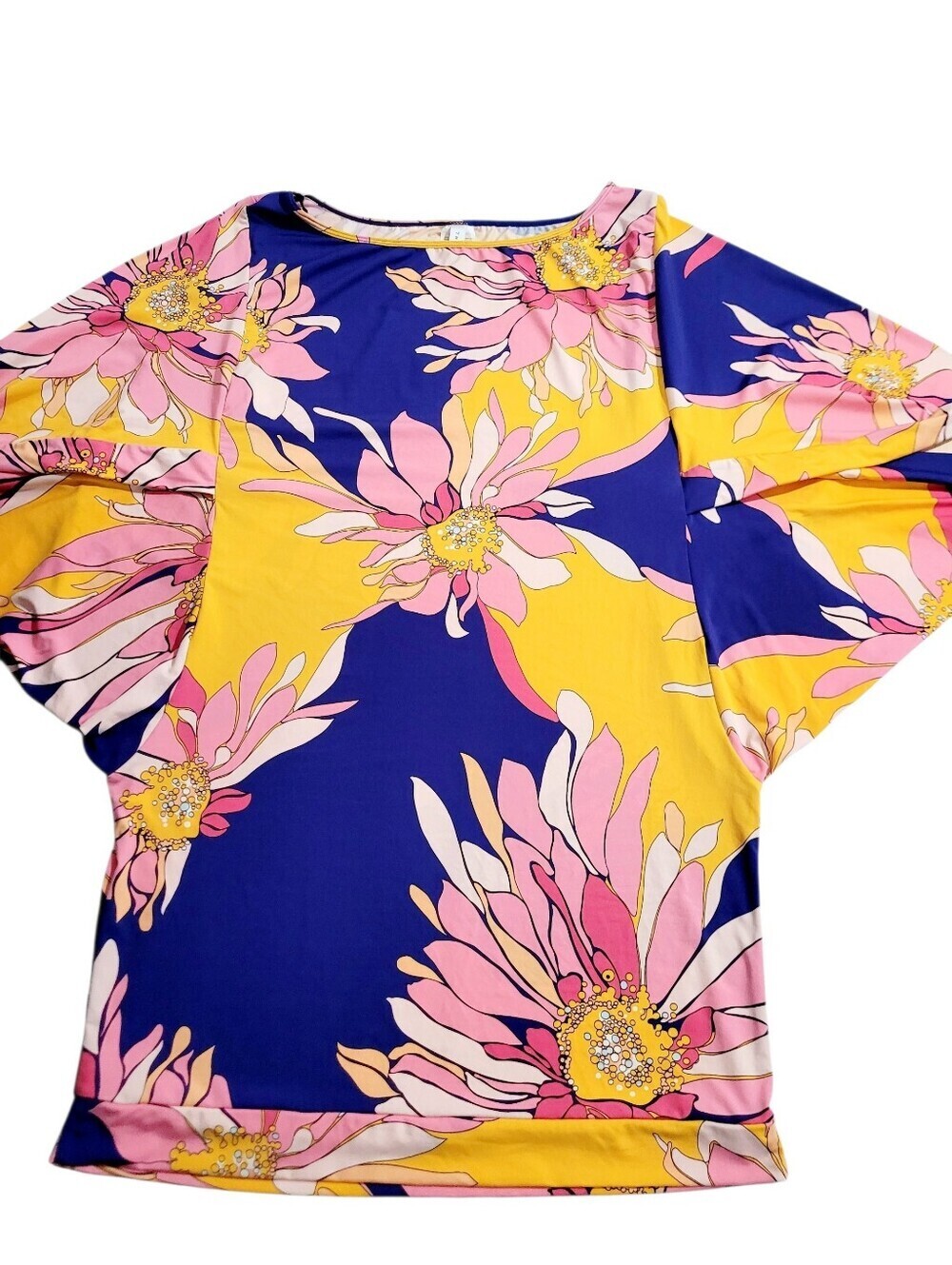 Trina Turk Floral Shift Dress Large L Pink Yellow Blue Bell Sleeve Stretch Beach - Picture 4 of 11